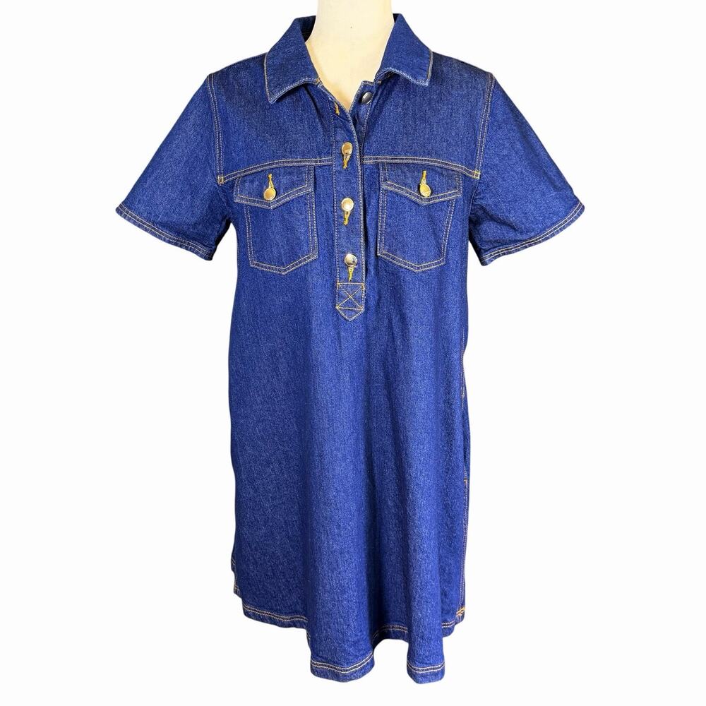 Loft Womens Denim Dress Shift Blue M S/S Western Cowgirl Country Pockets Casual - Picture 2 of 12